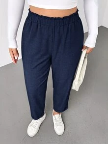 SHEIN Essnce 大尺碼女款紙袋腰捲褲腳長褲 休閒上班商務工作褲 秋冬日常外出褲 - 藏蓝色 - 查看 6