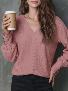 SHEIN LUNE Women's Sweet Fashion Embroidered Hollow Out T-Shirt - Rusty Rose - View 5