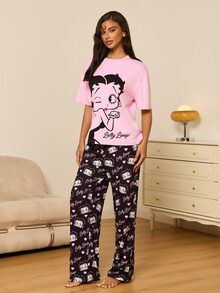 Betty Boop x SHEIN Women's Cartoon Print Short Sleeve Top And Long Pants Casual Daily Home Pajama Set - Pink - View 5