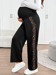 SHEIN Maternity Leopard Print Colorblock Adjustable Waist Casual Everyday Sweatpants - Grey - View 5
