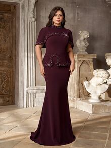 Aureia Plus Size Elegant Minimalist Burgundy Elastic Knit Beaded Rhinestone Trim Cape 2 In 1 Mermaid Long Dress Suitable For Wedding Events, Bachelor Party, Holiday Party, Vacation, Formal Evening Gown - Burgundy - View 7