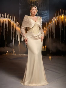 Glamrae Plus Size Elegant Glamorous Fashion Champagne Sequin Embroidered Color Block Satin Fabric Long Sleeve Exaggerated Shoulder Design Flattering Ruched Mermaid Long Dress Suitable For Wedding Events, Bachelorette Parties, Proms - Champagne - View 7
