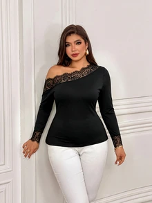 Femmeverse Plus Size Women's T-Shirt, Elegant Sexy Casual Minimalist Commute Versatile Cold Shoulder Lace Patchwork Design Long Sleeve - Black - View 3