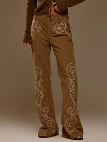 MUSERA Embroidered Corduroy Low Rise Fitted Flare Bootcut Trouser Autumn Winter Fall Western Night Cowgirl Cute - Khaki - View 3