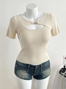 Dazy Plus Round Neck Cutout Front Short Sleeve Layered 2 In 1 Sweet Knit Top - Apricot - View 4