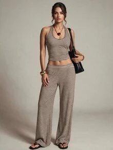 SHEIN Tall Women's Tall Two Pieces Set: Brown Halter Top And Trousers – Casual, Work-Ready, And Vacation - Brown - View 1