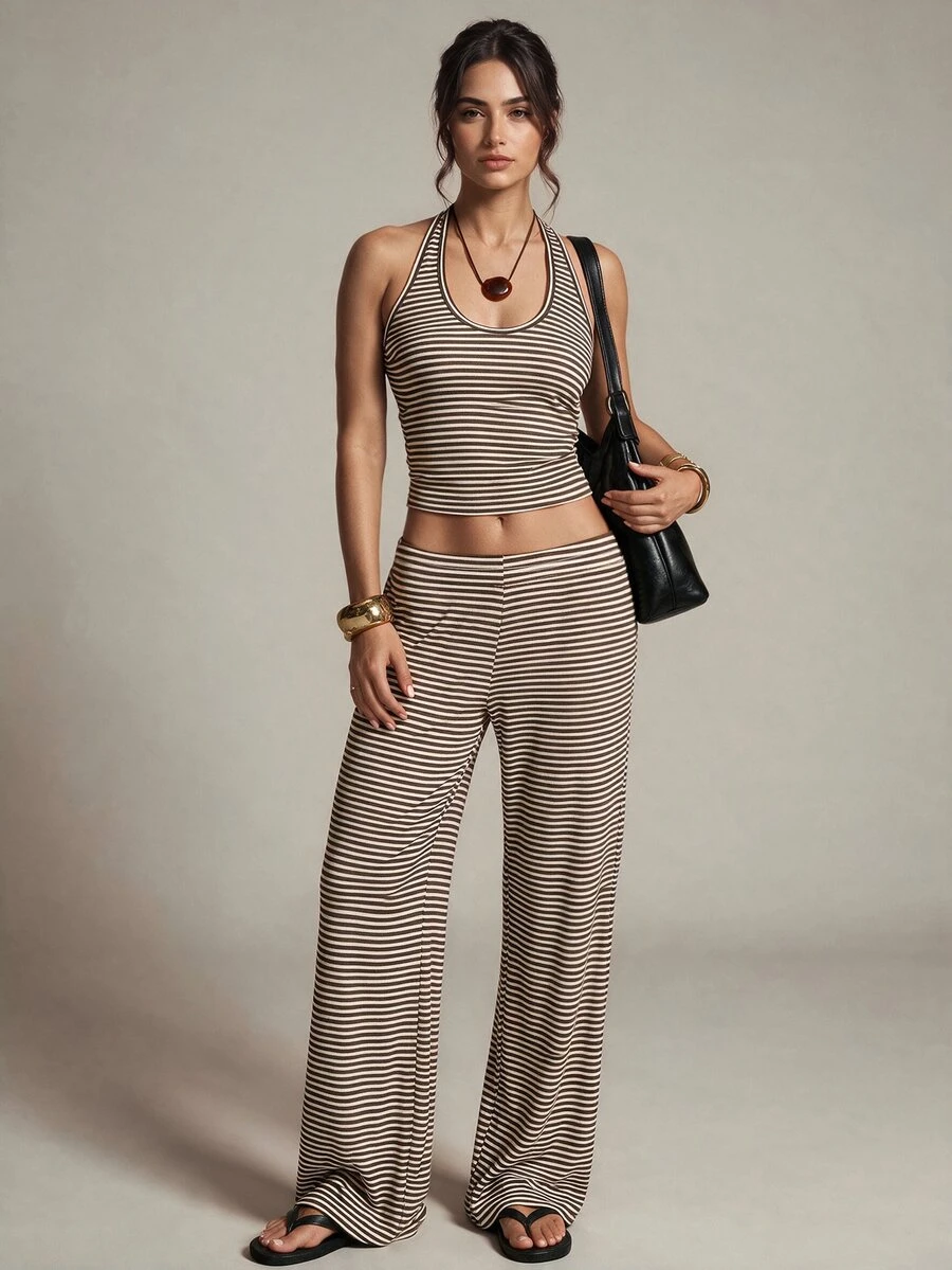 SHEIN Tall Women's Tall Two Pieces Set: Brown Halter Top And Trousers – Casual, Work-Ready, And Vacation - Brown - View 1