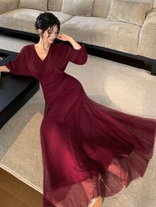 DAZY Women's Vintage Long V-Neck Mesh Dress - Burgundy - View 3