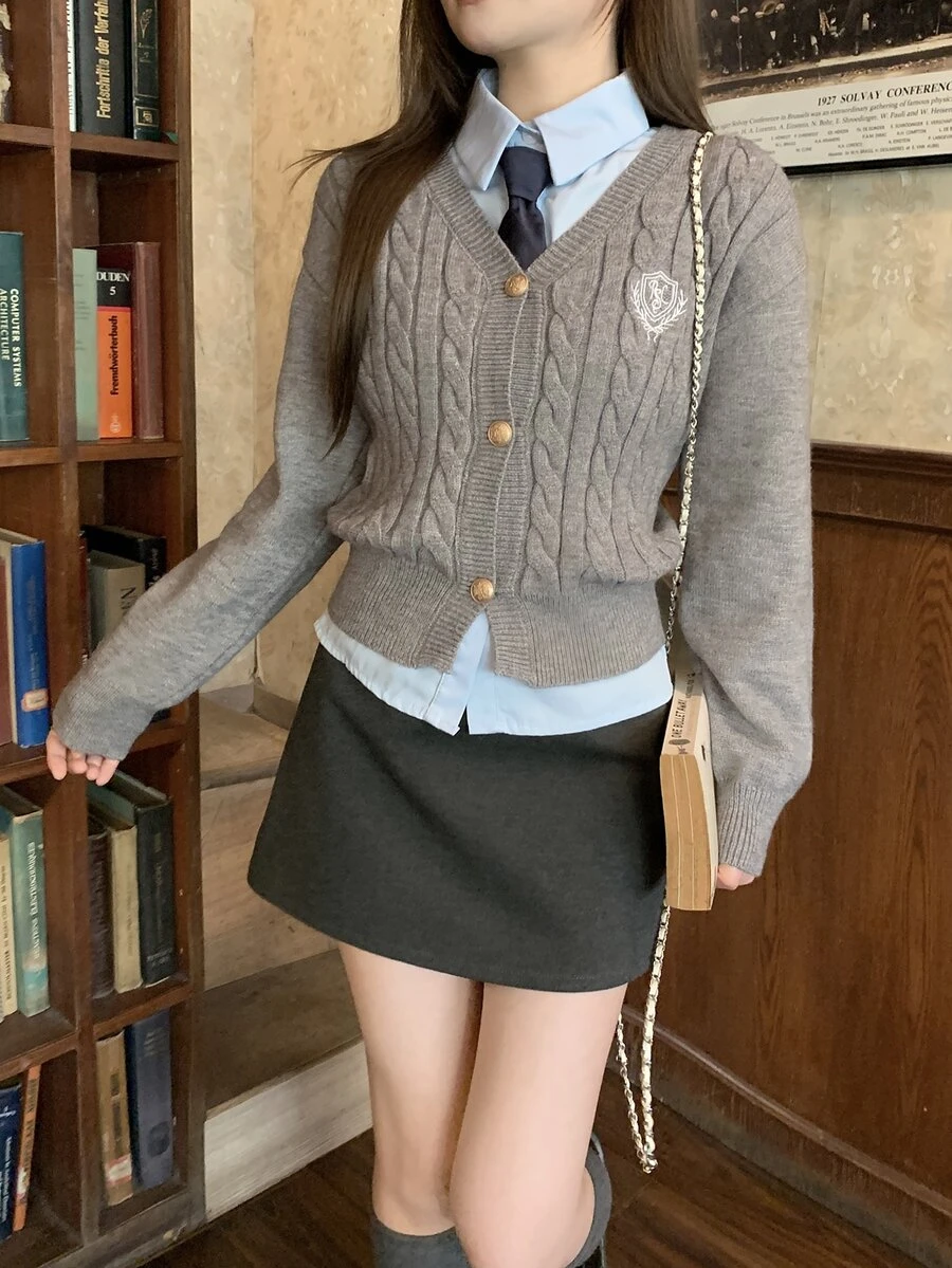 DAZY American Style Grey Long Sleeve Knit Sweater & Bodycon Skirt Set, College Style Outfit For - Grey - View 1