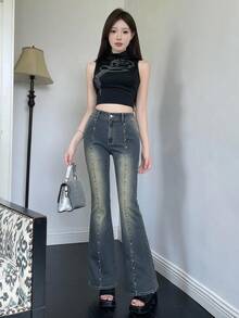 DAZY Women's Blue Washed Distressed High Waist Skinny Flare Leg Jeans With Rivet Design, Casual Street Style - Blue - View 2