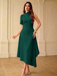 ZEYLAH Spring/Summer Asymmetrical Hem Asymmetrical Shoulder Dress - Turquoise - View 4