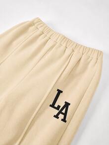 SHEIN 少女休閒「LA」字母印花針織素色寬鬆落肩長袖衛衣與百褶寬腿運動褲套裝，女孩秋季服飾，女孩秋季穿搭，女孩冬季服飾 - 杏色 - 查看 3