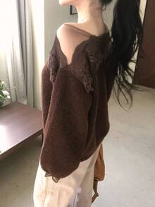 DAZY Women's Mesh Lace Patchwork Long Sleeve Elegant Banquet Net-Like Autumn/Winter Solid Color Sweater - Coffee Brown - View 2