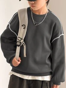 SHEIN Little Byeori 青少年男孩休閒韓系寬鬆百搭對比縫線深灰色圓領運動衫，適合通勤、上學、日常休閒外出與運動，秋冬款 - 深灰色 - 查看 6