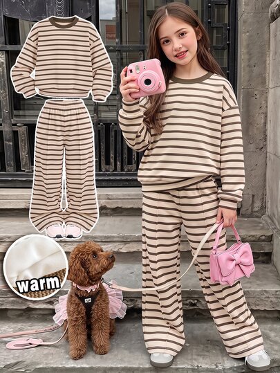 Vintage Sweet Maillard Brown & Apricot Colorblock Sporty Striped, Parent-Child Outfit, Tween Girls Crew Neck Drop Shoulder Sweatshirt & Straight Leg Pants 2 Pieces Set, Street Retro Style, Casual Comfortable, Children's Autumn Layering, Y2K, Sportswear, Outing, Street Style, Chill
