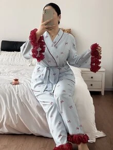 Napfluff CURVE Napfluff CURVE Women's Plus Size Colorful Patchwork 3D Lace Trim Striped Bow Print Long Sleeve Top & Long Pants Pajama Set - Blue - View 6