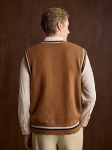 Manfinity CityGents Men's Striped V-Neck Casual Versatile Knit Vest - Brown - View 2