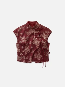 Nöista Women's New Chinese Style Short Top With Slanted Collar And Stand-Up Collar - Burgundy - View 7