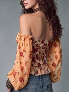 Glimmora Women's Fashion Ruffle Floral Print Patchwork Mesh Long Sleeve Top - Orange - View 3