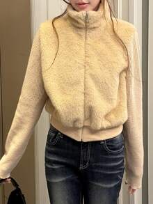 FRIFUL Women's Solid Color Long Sleeve Patchwork Fur Trim Zipper Front Jacket - White - View 6