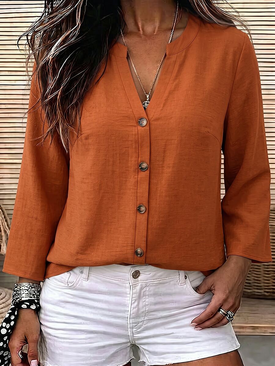 SHEIN LUNE Plus Size Women Solid Color Notch V-Neck Casual Everyday Blouse - Multicolor - View 1