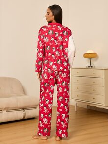 Betty Boop x SHEIN Bộ đồ ngủ nữ áo tay dài phối màu tương phản cài nút và quần dài in họa tiết hoạt hình - Đỏ và trắng - Xem 2