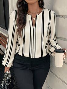 SHEIN VCAY Áo sơ mi công sở size lớn họa tiết sọc phối màu cổ chữ V xẻ notch - Nhiều màu - Xem 1