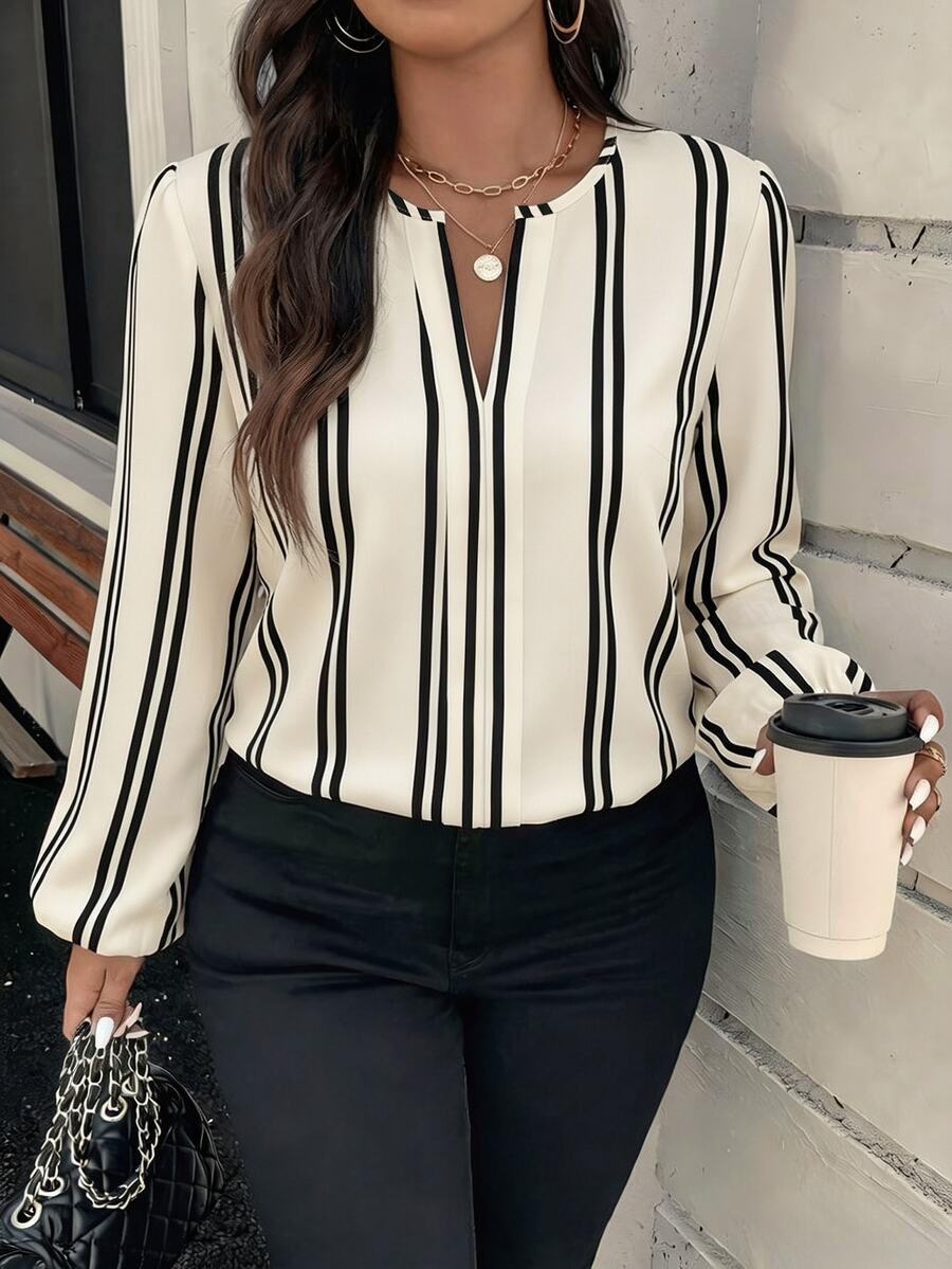SHEIN VCAY Áo sơ mi công sở size lớn họa tiết sọc phối màu cổ chữ V xẻ notch - Nhiều màu - Xem 1