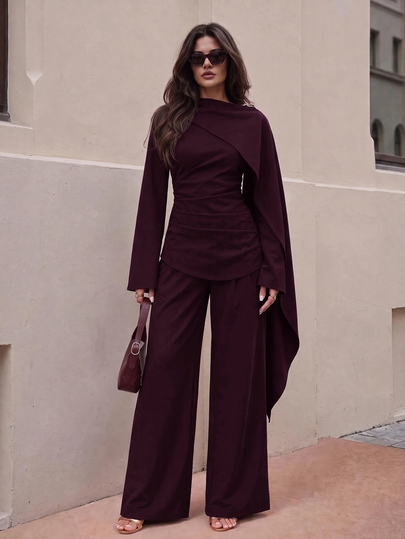 Lumalex Women's Blazer Suit Set With Shawl Collar, Flared Sleeves, Metal Buttons, Pleated Tie Waist, High Waist, Straight Leg