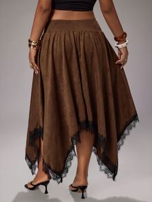 Rustia Hot Girl Style Caramel Brown Suede Lace Patchwork High Waist Flared Mid-Length Skirt - Brown - View 2
