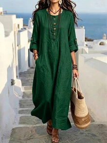 Linhara CURVE New Loose Casual Daily Versatile Navy Blue Solid Color Plus Size Dress Fall - Dark Green - View 4