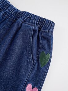 GlowEve 女款愛心圖案口袋寬鬆休閒寬腿牛仔褲 - 藍色 - 查看 3