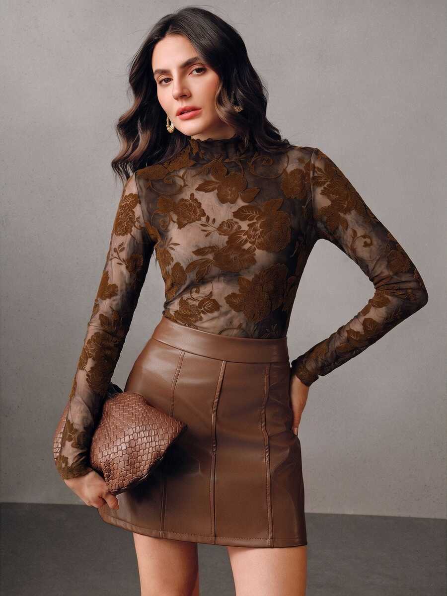 Anewsta Coffee Brown Autumn/Winter Floral Semi-Sheer High Neck Slim Fit Long Sleeve Blouse For Women, Suitable For Commuting, Dating, Gathering And Daily Wear - Brown - View 1