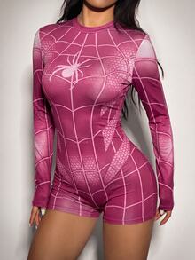 SHEIN ICON 女款蜘蛛印花休閒日常連身褲 - 酒紅色 - 查看 3