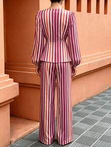 Flora Isola Flora Isola Women's 2pcs Set: Pink Chinese Style Frog Button Striped Shirt + Long Pants, Vacation Casual - Pink - View 2