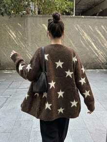 DAZY Cardigan Kasual Longgar Leher V Motif Bintang untuk Wanita - Coklat - View 7