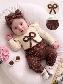 SHEIN Vintaside Kids 女嬰蝴蝶結裝飾羅紋長袖連身衣與波點印花鬆緊腰長褲 2件套套裝 - 棕色 - 查看 1