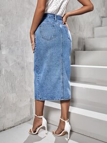SHEIN Essnce Plus Size Women's High Waist Fashion Versatile Split Hem Denim Mini Skirt - Blue - View 2