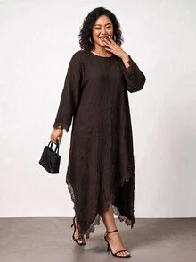 Truni Plus-Size Women's Round Neck Asymmetrical Hem Lace-Trimmed Brown Long Dress Apple,Rounded Body - Brown - View 3