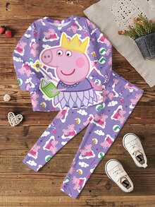 Peppa Pig X SHEIN طقم ملابس كاجوال للبنات الصغيرات: سويت شيرت بأكمام طويلة وطبعة كرتونية شاملة مع بنطال متناسق - أبيض - مشاهدة 1