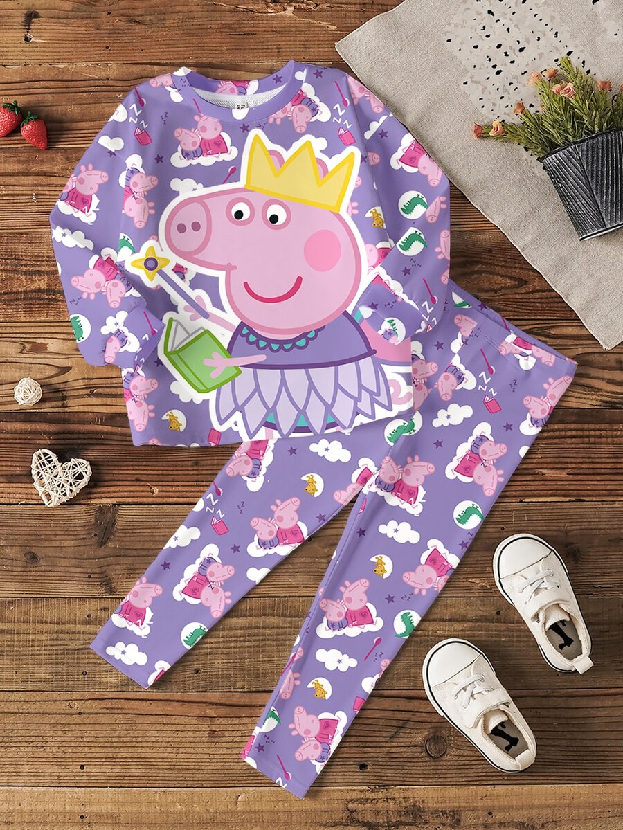 Peppa Pig X SHEIN طقم ملابس كاجوال للبنات الصغيرات: سويت شيرت بأكمام طويلة وطبعة كرتونية شاملة مع بنطال متناسق - أبيض - مشاهدة 1