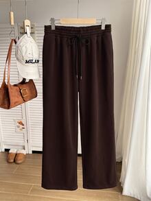 Comfortcana Chocolate Brown Plus Size High Waist Casual Straight Leg Sweatpants - Chocolate Brown - View 10