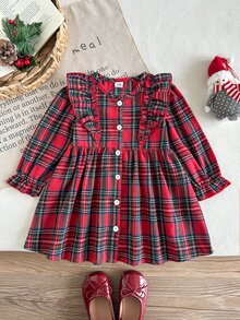 SHEIN 2pcs Gaun Bayi Perempuan Motif Kotak-kotak Berkerut Manis Elegan Merah Hijau dengan Pita dan Bando Lengan Panjang Leher Bulat Gaun Pesta Musim Dingin Kancing Depan - Merah - View 4