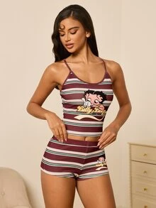 Betty Boop x SHEIN Women's Striped Camisole And Shorts Pajama Set - Brown - View 5