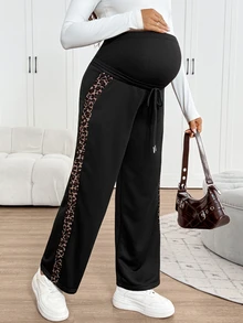 SHEIN Maternity Leopard Print Colorblock Adjustable Waist Casual Everyday Sweatpants - Grey - View 4