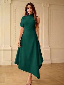 ZEYLAH Spring/Summer Asymmetrical Hem Asymmetrical Shoulder Dress - Turquoise - View 5