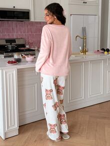 SweetSlumber Women's Letter Cartoon Print Long Sleeve Top And Pants Casual Daily Home Sleepwear Set - Multicolor - View 2