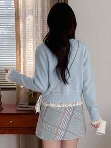 DAZY French Lace Patchwork Sweater Cardigan Women Autumn/Winter Thickened Slouchy Jacket Top Open Front - Blue - View 2