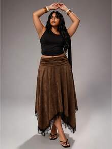 Rustia Hot Girl Style Caramel Brown Suede Lace Patchwork High Waist Flared Mid-Length Skirt - Brown - View 3