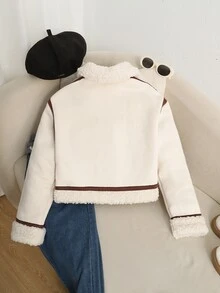 SHEIN 少女外套 秋/冬街頭風 PU複合保暖內裡加厚對比飾邊翻領機車夾克，適合秋冬日常穿著 - 米色 - 查看 5
